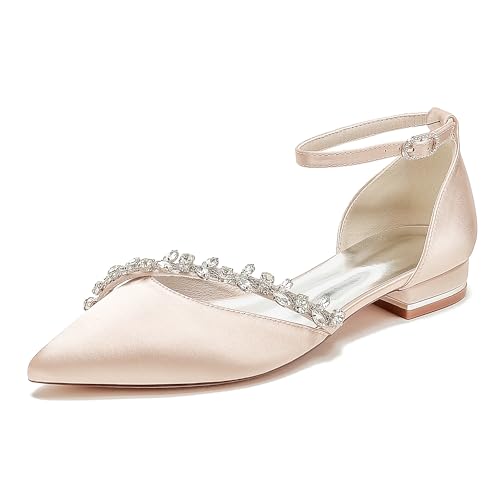 WeFloHsL Damen Satin Hochzeits Ballerinas Knöchelriemen Strass Spitze Zehen Flache Braut Brautjungfernschuhe 18448-46FX,Champagne,36 EU von WeFloHsL