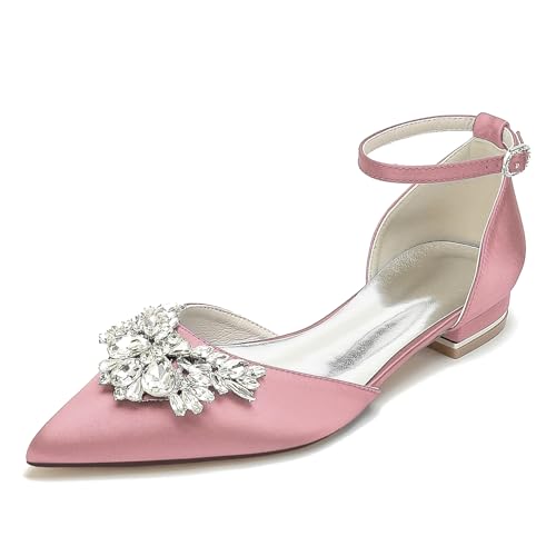 WeFloHsL Damen Satin Knöchelriemen Ballerinas Hochzeitsschuhe Flach Strass Spitze Zehen Party Brautschuhe 18448-46B,Blush,41 EU von WeFloHsL