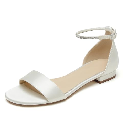 WeFloHsL Damen Satin Riemchensandalen Flache Hochzeitsschuhe Offener Zehen Flache Braut Party Strandsandalen,Elfenbein,40 EU von WeFloHsL