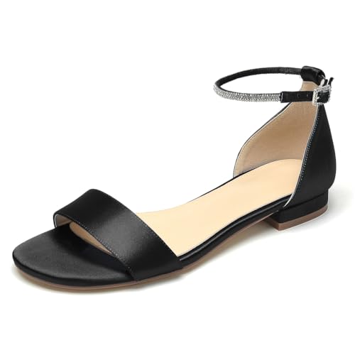 WeFloHsL Damen Satin Riemchensandalen Flache Hochzeitsschuhe Offener Zehen Flache Braut Party Strandsandalen,Schwarz,38 EU von WeFloHsL