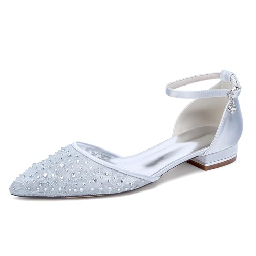 WeFloHsL Damen Spitze Flach Brautschuhe Ballerinas Knöchelriemen Spitze Zehen Strass Party Hochzeitsschuhe 18448-19YZ,Silber,40 EU WeFloHsL Damen Spitze Flach Brautschuhe Ballerinas Knöchelriemen Spitze Zehen Strass Party Hochzeitsschuhe 18448-19YZ,Silber,40 EU von WeFloHsL