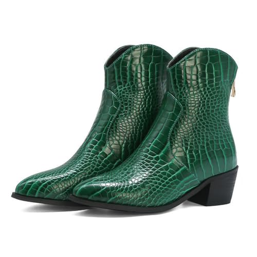 WeFloHsL Damen Stiefeletten Mit Niedrigem Blockabsatz Spitzer Zehen Reißverschluss Cowboy Western-Stiefel,Grün,40 EU von WeFloHsL
