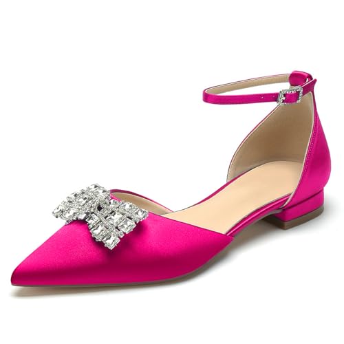 WeFloHsL Damen Strass Flache Brautschuhe Ballerinas Satin Knöchelriemen Spitze Zehen Hochzeit Party Brautjungfernschuhe,Fuchsia,39 EU von WeFloHsL