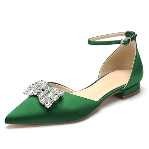 WeFloHsL Damen Strass Flache Brautschuhe Ballerinas Satin Knöchelriemen Spitze Zehen Hochzeit Party Brautjungfernschuhe,Grün,36 EU WeFloHsL Damen Strass Flache Brautschuhe Ballerinas Satin Knöchelriemen Spitze Zehen Hochzeit Party Brautjungfernschuhe,Grün,36 EU von WeFloHsL