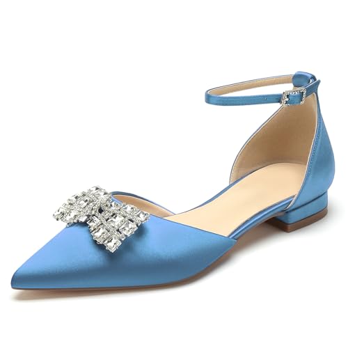 WeFloHsL Damen Strass Flache Brautschuhe Ballerinas Satin Knöchelriemen Spitze Zehen Hochzeit Party Brautjungfernschuhe,Light Blue,42 EU von WeFloHsL
