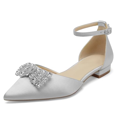 WeFloHsL Damen Strass Flache Brautschuhe Ballerinas Satin Knöchelriemen Spitze Zehen Hochzeit Party Brautjungfernschuhe,Silber,38 EU WeFloHsL Damen Strass Flache Brautschuhe Ballerinas Satin Knöchelriemen Spitze Zehen Hochzeit Party Brautjungfernschuhe,Silber,38 EU von WeFloHsL