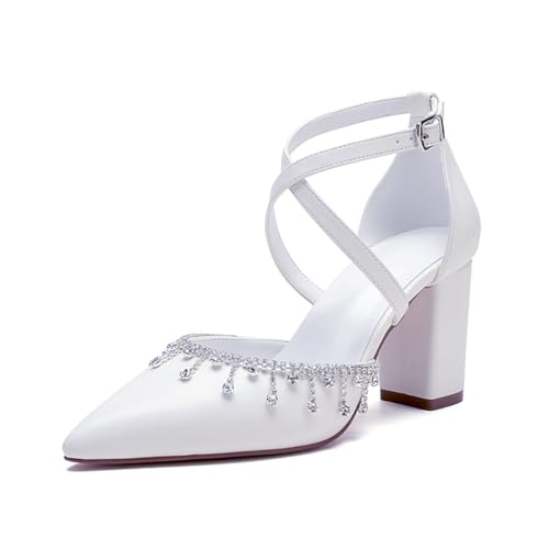 WeFloHsL Damen Strass Hochzeitspumps Mit Blockabsatz 8 cm Spitze Zehen Knöchelriemen Brautschuhe Ballschuhe,Weiß,39 EU von WeFloHsL