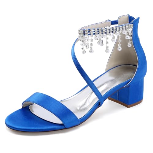 WeFloHsL Damen Strass Riemchensandalen Blockabsatz Satin Offene Zehen Party Hochzeitsschuhe Mit Reißverschluss 13091-2R,Blau,40 EU von WeFloHsL
