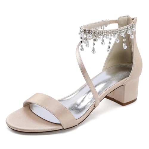WeFloHsL Damen Strass Riemchensandalen Blockabsatz Satin Offene Zehen Party Hochzeitsschuhe Mit Reißverschluss 13091-2R,Blush,37 EU von WeFloHsL