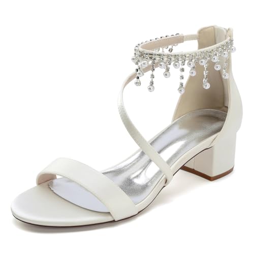 WeFloHsL Damen Strass Riemchensandalen Blockabsatz Satin Offene Zehen Party Hochzeitsschuhe Mit Reißverschluss 13091-2R,Elfenbein,40 EU von WeFloHsL