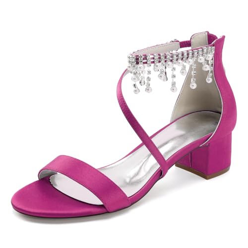 WeFloHsL Damen Strass Riemchensandalen Blockabsatz Satin Offene Zehen Party Hochzeitsschuhe Mit Reißverschluss 13091-2R,Fuchsia,38 EU von WeFloHsL