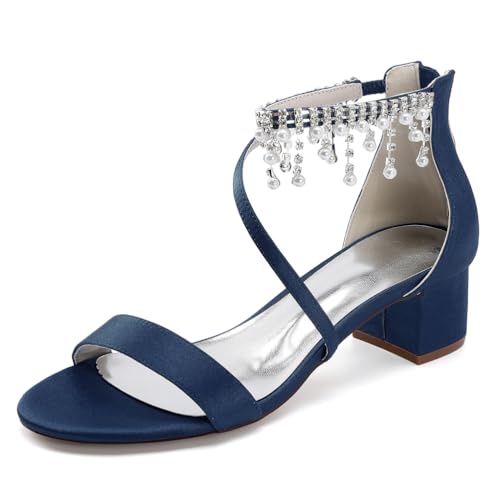 WeFloHsL Damen Strass Riemchensandalen Blockabsatz Satin Offene Zehen Party Hochzeitsschuhe Mit Reißverschluss 13091-2R,Marine,39 EU von WeFloHsL