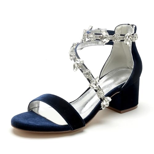 WeFloHsL Damen Strasss Sandalen Mit Niedrigem Blockabsatz Samt Knöchelriemen Offene Zehen Hochzeit Party Abendschuhe 702-18K,Marine,36 EU von WeFloHsL