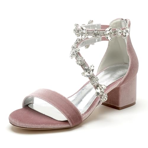 WeFloHsL Damen Strasss Sandalen Mit Niedrigem Blockabsatz Samt Knöchelriemen Offene Zehen Hochzeit Party Abendschuhe 702-18K,Rosa,37 EU von WeFloHsL