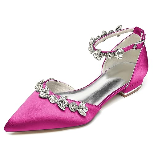 WeFloHsL Flache Brautschuhe Satin Strass Damen Ballerinas Knöchelriemen Spitze Zehen Hochzeitskleid Party Schuhe 18448-46M,Fuchsia,37 EU von WeFloHsL