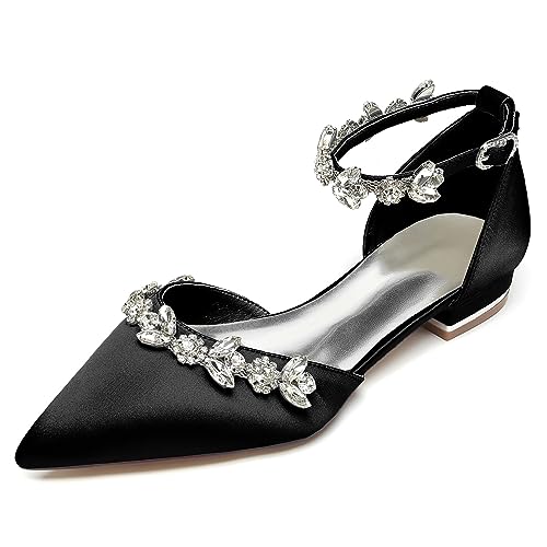 WeFloHsL Flache Brautschuhe Satin Strass Damen Ballerinas Knöchelriemen Spitze Zehen Hochzeitskleid Party Schuhe 18448-46M,Schwarz,42 EU von WeFloHsL