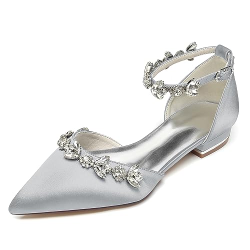 WeFloHsL Flache Brautschuhe Satin Strass Damen Ballerinas Knöchelriemen Spitze Zehen Hochzeitskleid Party Schuhe 18448-46M,Silber,36 EU von WeFloHsL