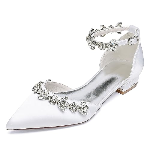 WeFloHsL Flache Brautschuhe Satin Strass Damen Ballerinas Knöchelriemen Spitze Zehen Hochzeitskleid Party Schuhe 18448-46M,Weiß,39 EU von WeFloHsL