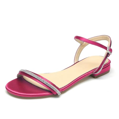 WeFloHsL Flache Hochzeitssandalen Damen Satin Strass Knöchelriemen Offener Zehen Slingback Strand Brautschuhe,Fuchsia,42 EU von WeFloHsL