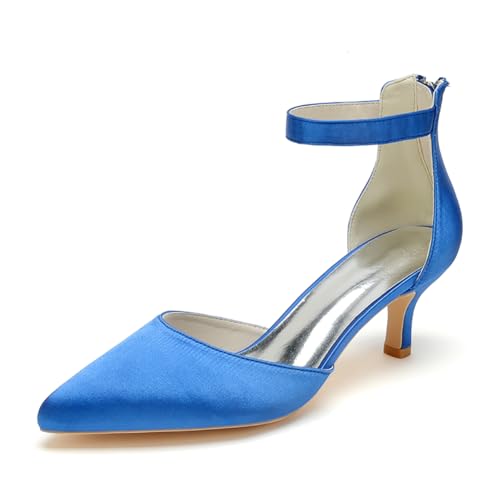 WeFloHsL Frauen Low Kitten Heels Brautschuhe Spitz Zehen Knöchelriemen Pumps Satin Hochzeit Schuhe 2102-03,Blau,42 EU von WeFloHsL