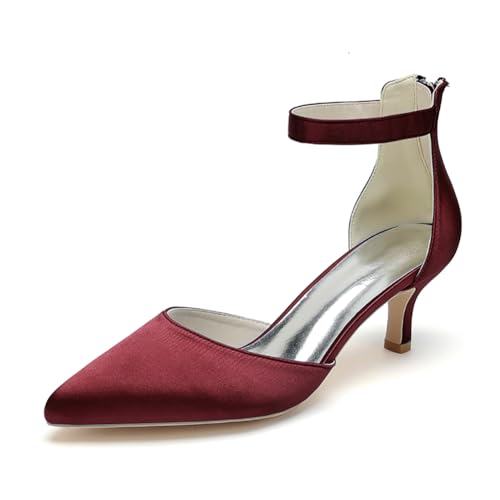 WeFloHsL Frauen Low Kitten Heels Brautschuhe Spitz Zehen Knöchelriemen Pumps Satin Hochzeit Schuhe 2102-03,Burgundy,41 EU von WeFloHsL