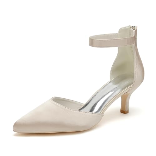 WeFloHsL Frauen Low Kitten Heels Brautschuhe Spitz Zehen Knöchelriemen Pumps Satin Hochzeit Schuhe 2102-03,Champagne,36 EU von WeFloHsL