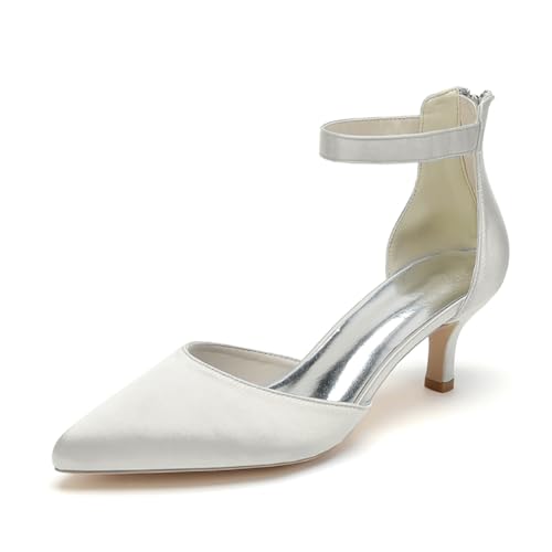 WeFloHsL Frauen Low Kitten Heels Brautschuhe Spitz Zehen Knöchelriemen Pumps Satin Hochzeit Schuhe 2102-03,Elfenbein,36 EU von WeFloHsL