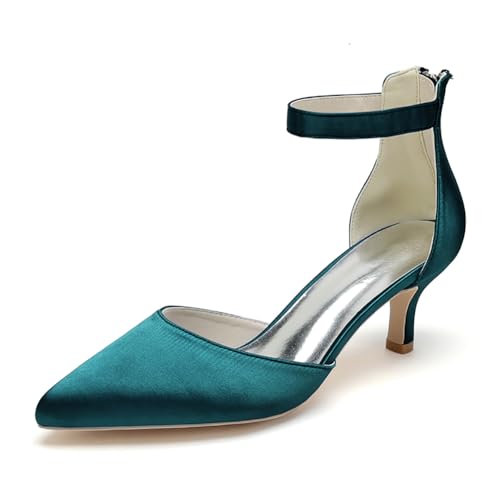 WeFloHsL Frauen Low Kitten Heels Brautschuhe Spitz Zehen Knöchelriemen Pumps Satin Hochzeit Schuhe 2102-03,Teal,36 EU von WeFloHsL