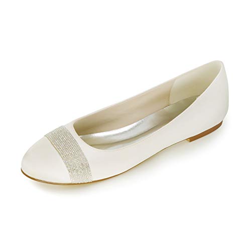 WeFloHsL Frauen Satin Ballerinas Hochzeits Runde Zehen Strass Party Flache Brautschuhe 9872-17A,Elfenbein,41 EU von WeFloHsL