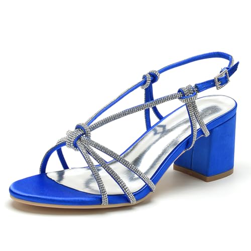 WeFloHsL Hochzeitssandalen Blockabsatz Satin Damen Riemchen Strass Offener Zehen Party Brautschuhe Abendschuhe CG1920-51,Blau,42 EU von WeFloHsL