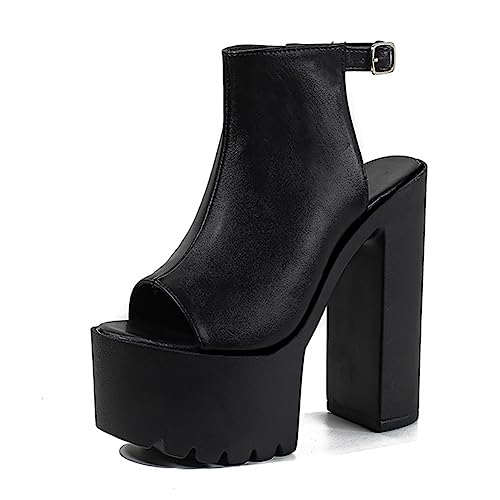 WeFloHsL Plateau Sandalen Mit Blockabsatz Damen Offener Zehen Gothic Punk Sommer Stiefeletten,Schwarz,38 EU von WeFloHsL