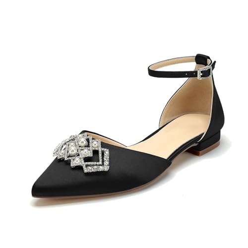 WeFloHsL Riemen Ballerinas Damen Strass Flache Brautschuhe Satin Geschlossene Zehen Party Brautjungfernschuhe,Schwarz,40 EU von WeFloHsL