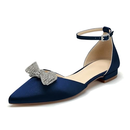 WeFloHsL Riemen Brautschuhe Flache Ballerinas Damen Satin Strass Schleifen Geschlossene Zehen Elegante Abend Brautschuhe,Marine,38 EU von WeFloHsL