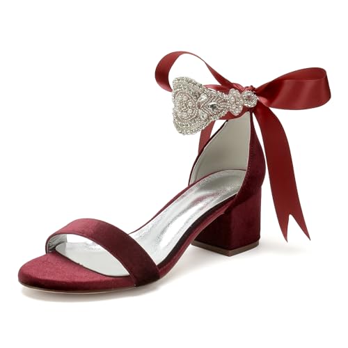 WeFloHsL Samt Knöchelriemen Sandalen Mit Blockabsatz Damen Offene Zehen Perlen Verziert Hochzeit Abendparty Schuhe 702-11K,Burgundy,39 EU von WeFloHsL