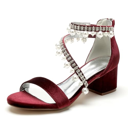 WeFloHsL Samt Sandalen Blockabsatz Damen Perlen Strass Knöchelriemen Offene Zehen Hochzeitskleid Party Schuhe 702-13K,Burgundy,42 EU von WeFloHsL