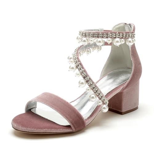 WeFloHsL Samt Sandalen Blockabsatz Damen Perlen Strass Knöchelriemen Offene Zehen Hochzeitskleid Party Schuhe 702-13K,Rosa,39 EU von WeFloHsL