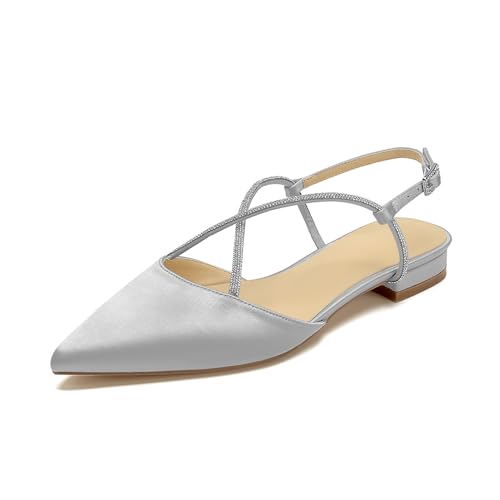 WeFloHsL Satin Ballerinas Flache Hochzeitsschuhe Damen Strass Slingback Spitze Zehen Flache Party Abendschuhe Brautschuhe,Silber,42 EU WeFloHsL Satin Ballerinas Flache Hochzeitsschuhe Damen Strass Slingback Spitze Zehen Flache Party Abendschuhe Brautschuhe,Silber,42 EU von WeFloHsL