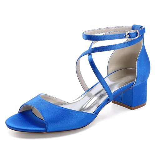 WeFloHsL Satin Blockabsatz Hochzeitssandalen Damen Peep Toe Kreuz Riemchen Abend Party Brautschuhe 13091-6,Blau,43 EU von WeFloHsL