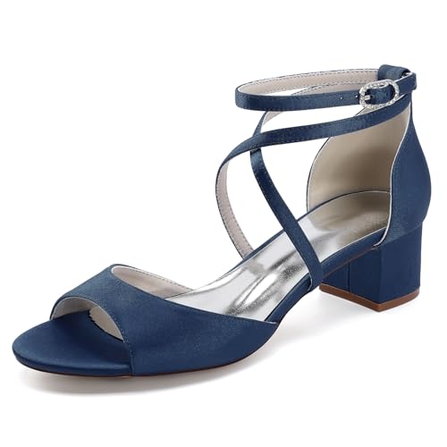 WeFloHsL Satin Blockabsatz Hochzeitssandalen Damen Peep Toe Kreuz Riemchen Abend Party Brautschuhe 13091-6,Marine,35 EU von WeFloHsL