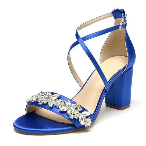 WeFloHsL Satin Riemchensandalen Blockabsatz Damen Strass Offener Zehen Hochzeits Abendschuhe,Blau,35 EU von WeFloHsL