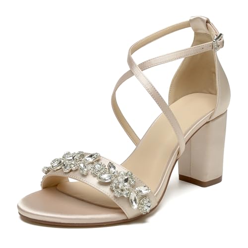 WeFloHsL Satin Riemchensandalen Blockabsatz Damen Strass Offener Zehen Hochzeits Abendschuhe,Champagne,43 EU von WeFloHsL