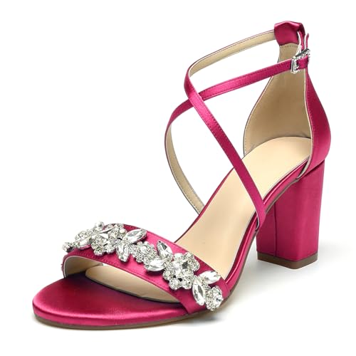 WeFloHsL Satin Riemchensandalen Blockabsatz Damen Strass Offener Zehen Hochzeits Abendschuhe,Fuchsia,37 EU von WeFloHsL