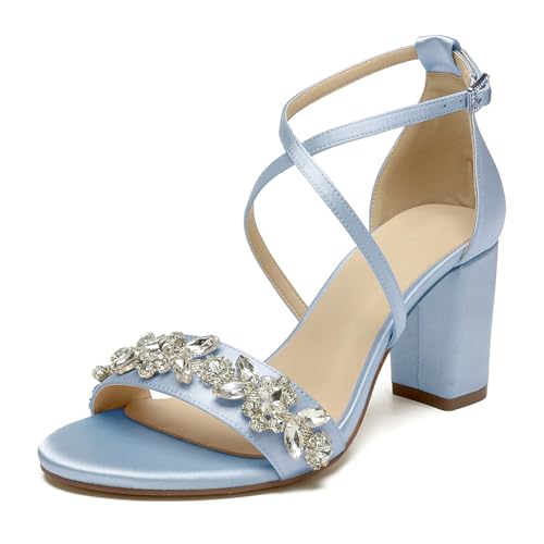 WeFloHsL Satin Riemchensandalen Blockabsatz Damen Strass Offener Zehen Hochzeits Abendschuhe,Light Blue,35 EU von WeFloHsL