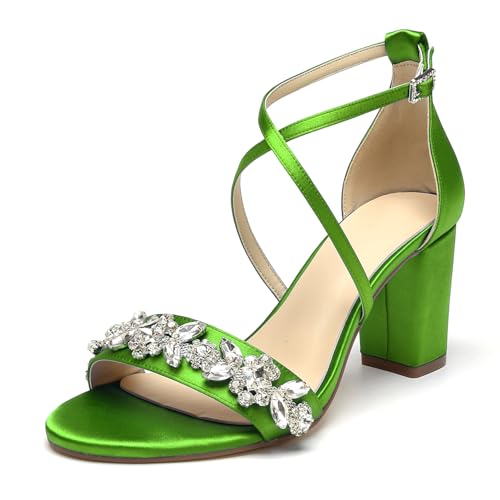 WeFloHsL Satin Riemchensandalen Blockabsatz Damen Strass Offener Zehen Hochzeits Abendschuhe,Lime,41 EU von WeFloHsL