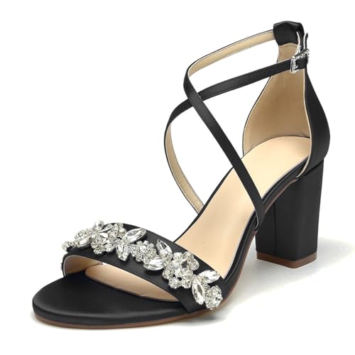 WeFloHsL Satin Riemchensandalen Blockabsatz Damen Strass Offener Zehen Hochzeits Abendschuhe,Schwarz,42 EU von WeFloHsL