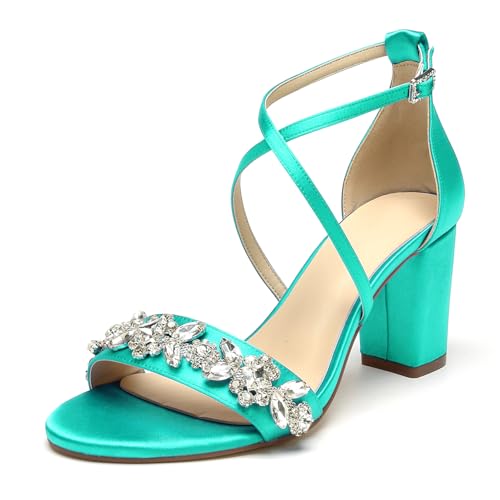 WeFloHsL Satin Riemchensandalen Blockabsatz Damen Strass Offener Zehen Hochzeits Abendschuhe,Teal,41 EU von WeFloHsL