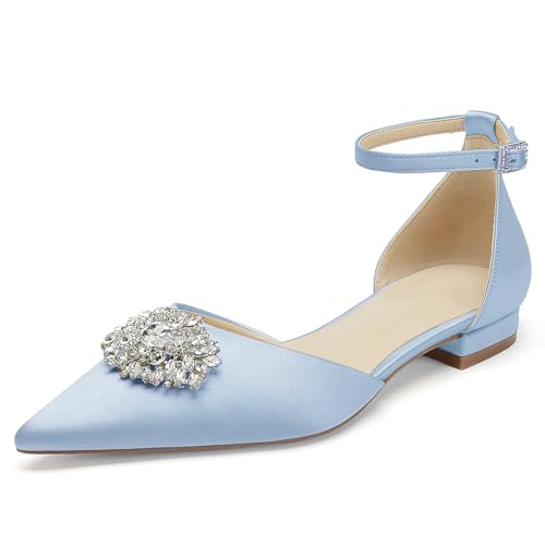 WeFloHsL Satin Strass Knöchelriemen Ballerinas Damen Geschlossene Zehen Flache Hochzeit Abend Brautschuhe,Light Blue,35 EU von WeFloHsL