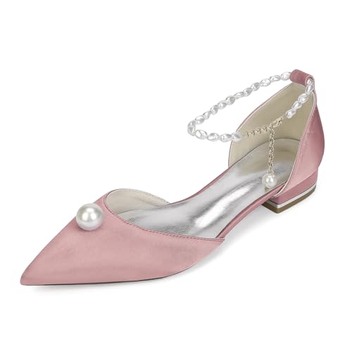 WeFloHsL Spitze Zehen Flach Brautschuhe Damen Knöchelriemen Ballerinas Satin Perlen Abschlussball Party Brautschuhe 18448-46ZG,Blush,38 EU von WeFloHsL