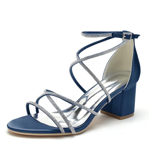 WeFloHsL Strass Riemchensandalen Blockabsatz Brautschuhe Damen Offener Zehen Satin Party Hochzeit Abendschuhe CG1920-52,Marine,37 EU von WeFloHsL