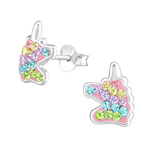 Silberne Kinderohrringe | Ohrringe Mädchen | Einhorn-Ohrringe | Silberne Ohrstecker, Einhornkopf mit bunten Kristallen | WeLoveSilver von WeLoveSilver